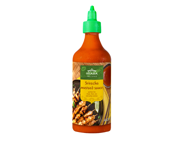 Sriracha garstyčių padažo butelis tailandietišku stiliumi, puikiai tinka mėsai, žuviai, ryžiams ir kitiems patiekalams.