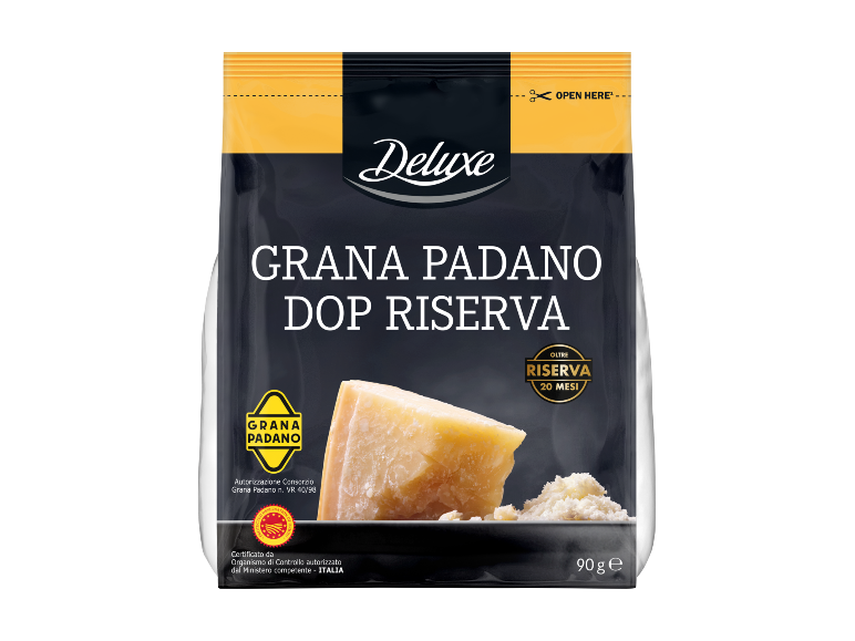 Deluxe Grana Padano DOP Riserva sūris, brandintas ilgiau nei 20 mėnesių, 90g pakuotė.