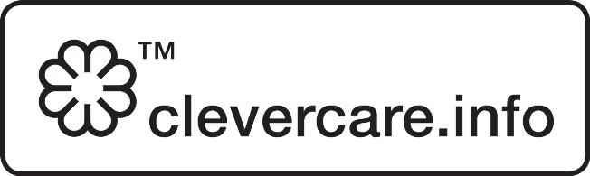 Logotipas su gėlės formos simboliu ir tekstu „TM clevercare.info“ ant stačiakampės etiketės.
