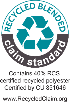 Recycled Blended Claim Standard antspaudas: sudėtyje yra 40% RCS sertifikuoto perdirbto poliesterio, sertifikuota CU 851646.