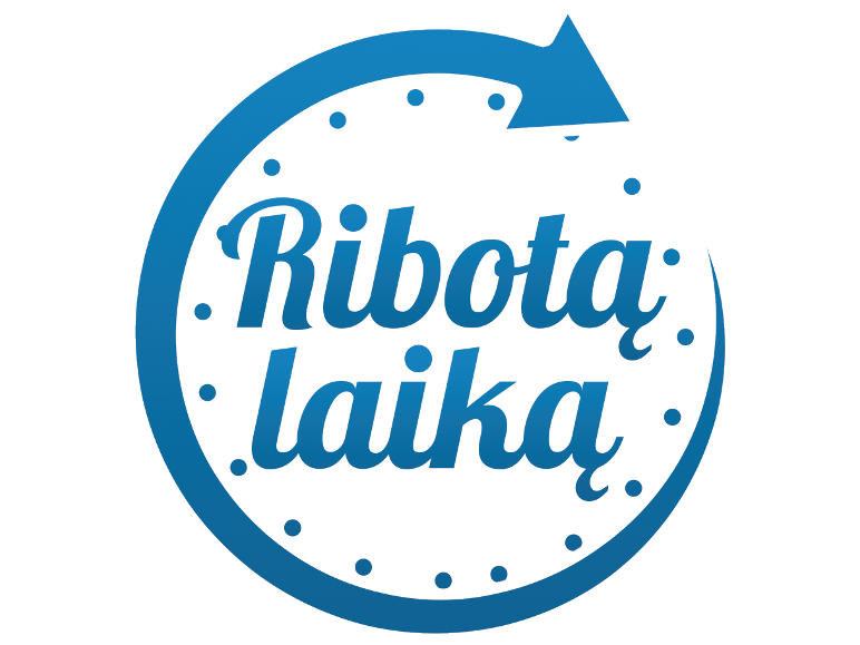 Mėlynas laikrodžio formos logotipas su užrašu 'Ribotą laiką'.