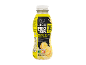 Geltonas pieno gėrimas su bananais, kuriame yra 35 g baltymų, be pridėtinio cukraus, 330 ml.