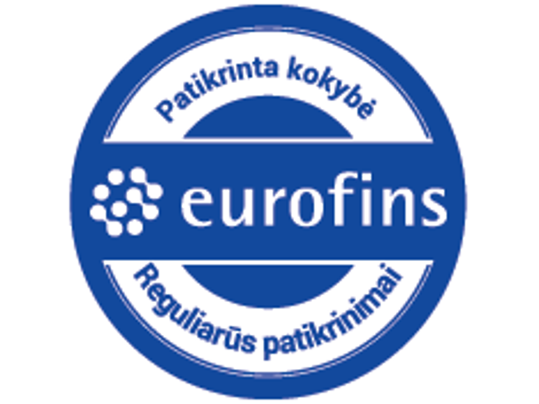 'Eurofins' kokybės ženklas su užrašu 'Patikrinta kokybė. Reguliarūs patikrinimai'