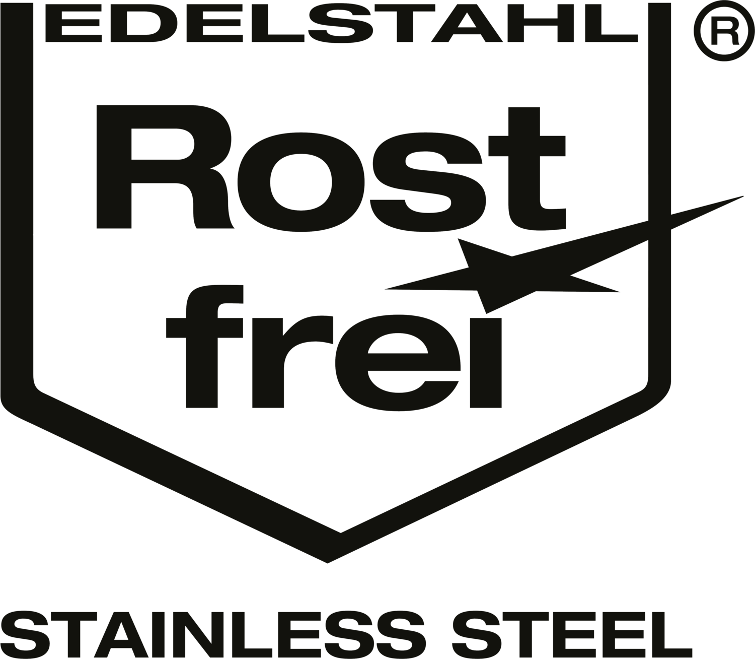 Kokybės antspaudas su tekstu „EDELSTAHL Rost frei“ ir „STAINLESS STEEL“.