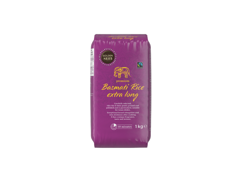 1 kg pakuotė aukščiausios kokybės ypač ilgų basmati ryžių su auksiniu drambliu ir Fairtrade logotipu.