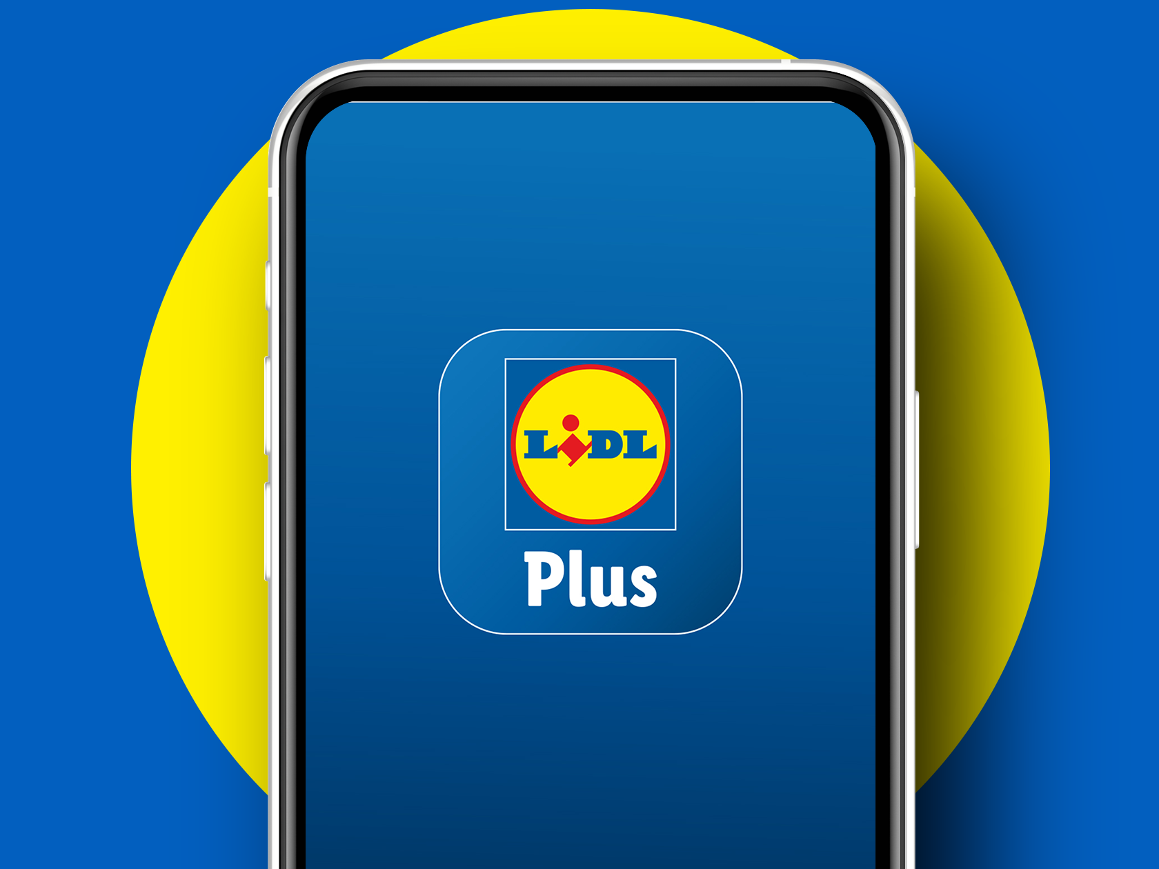 Išmanusis telefonas su programėlės piktograma, kurioje yra apskritas logotipas ir žodis „Plus“.