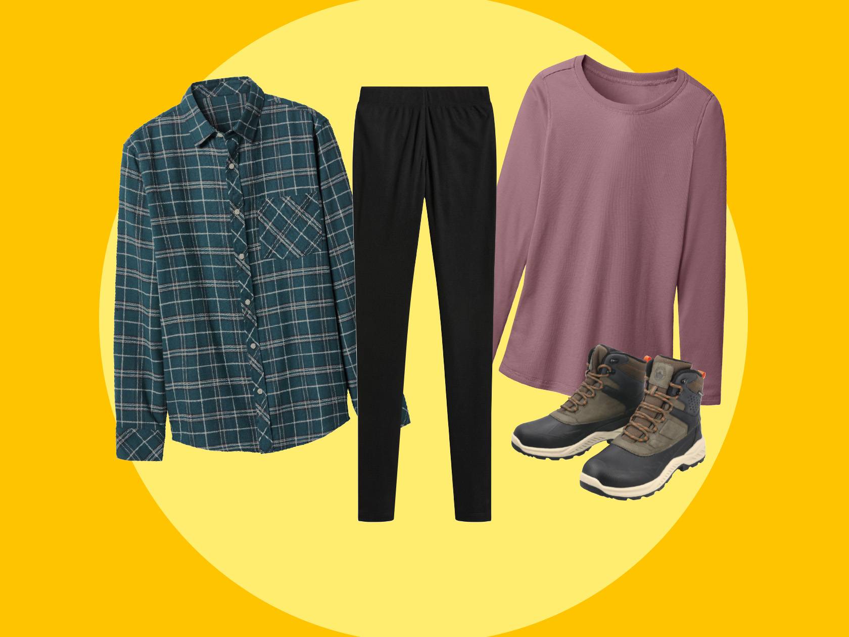 Žalia languota flanelinė palaidinė, juodos tamprės, violetiniai marškinėliai ilgomis rankovėmis ir žygio batai.