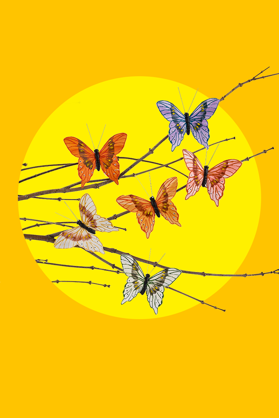 Spalvingi drugeliai ant šakų geltoname fone.