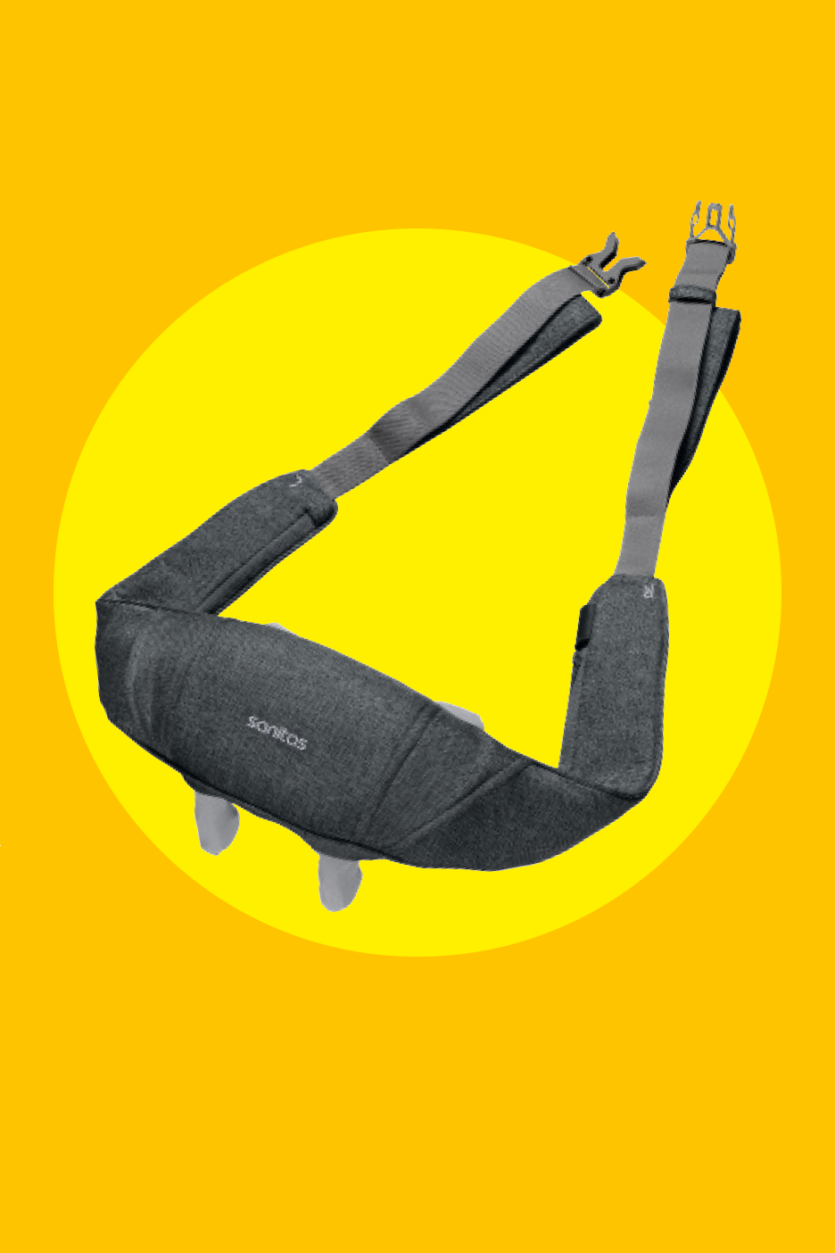 Pilkas masažuoklis su dirželiais ir sagtimis, skirtas kaklui ir nugarai, geltoname fone.