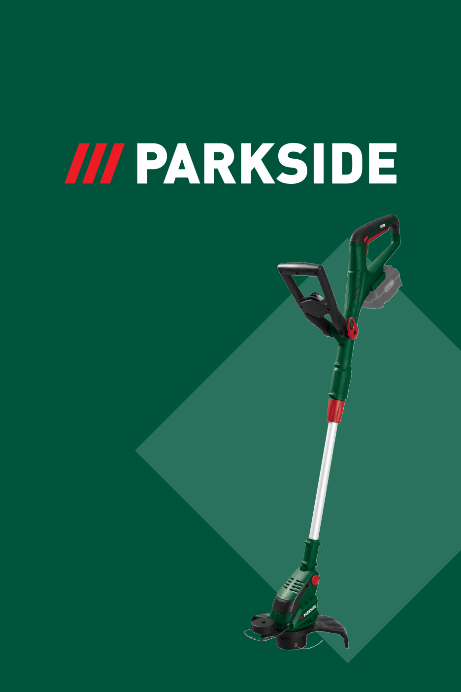 Žalias fonas su baltu ir raudonu logotipu bei žoliapjove.