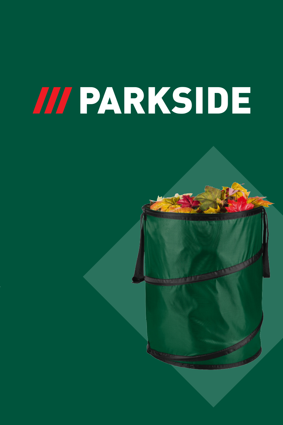 Žalias sodo šiukšlių maišas, pilnas spalvingų lapų, ant žalio fono.