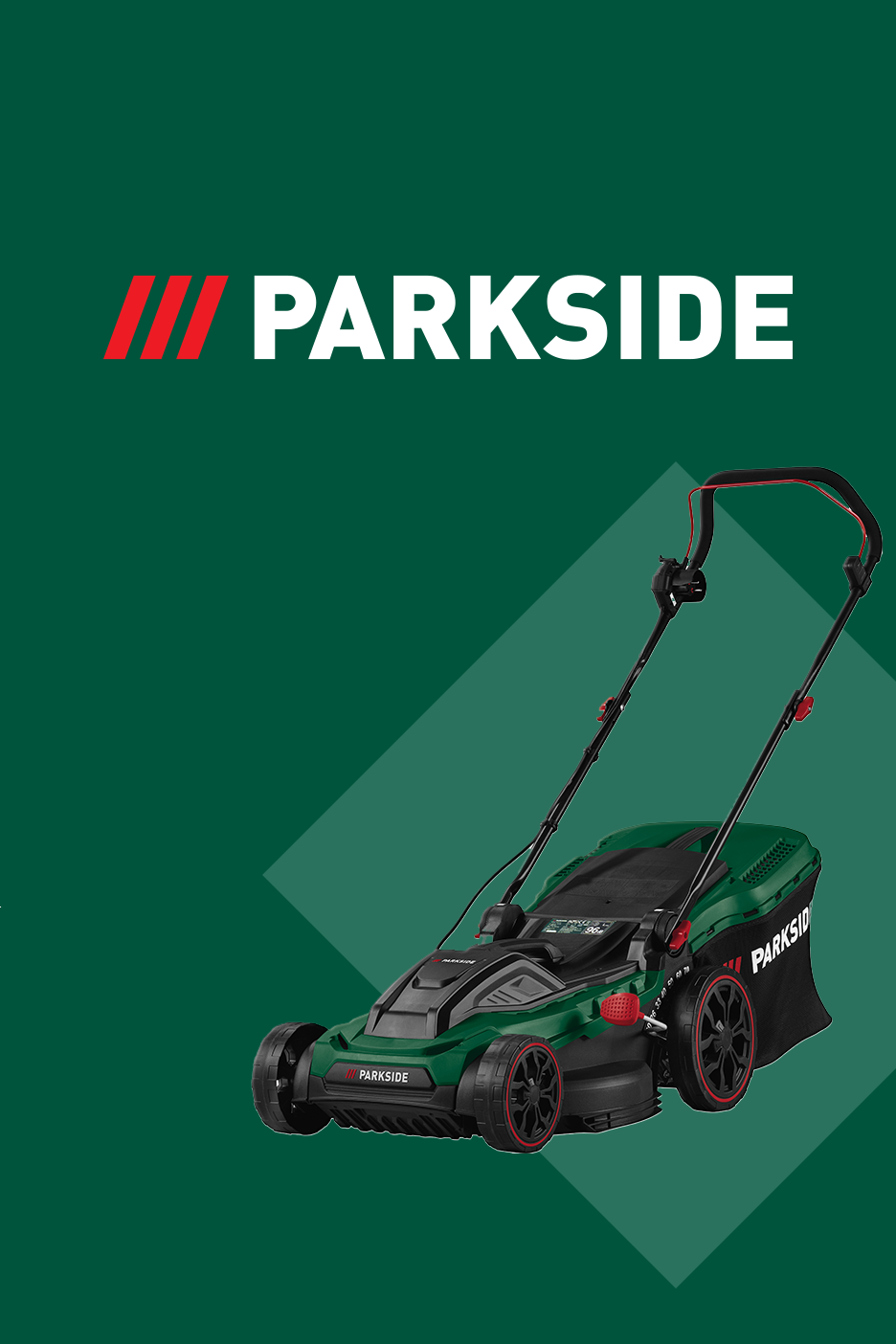 Žalia vejapjovė su juodais ratais ir raudonais akcentais, su logotipu viršuje.