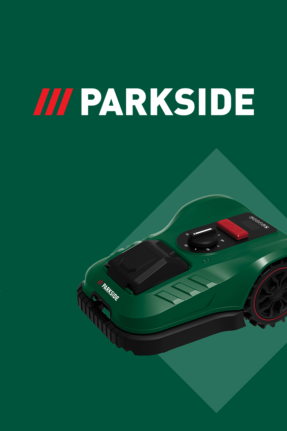 Žalias robotas vejapjovė su juodais ir raudonais akcentais, baltas užrašas „PARKSIDE“ ant žalio fono.