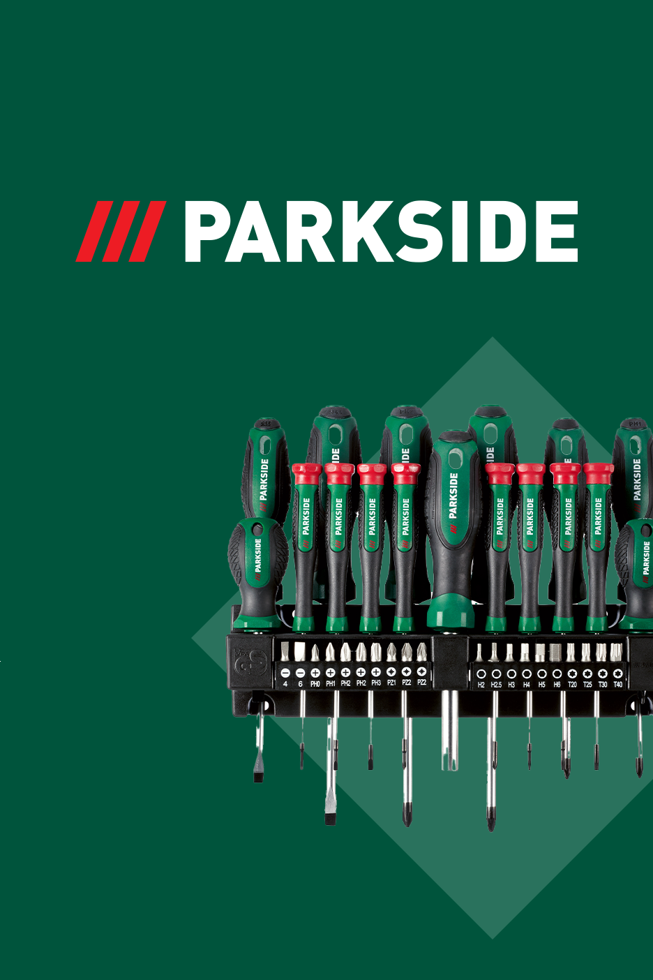 Atsuktuvų rinkinys su įvairiais antgaliais, išdėstytas ant tamsiai žalio fono.