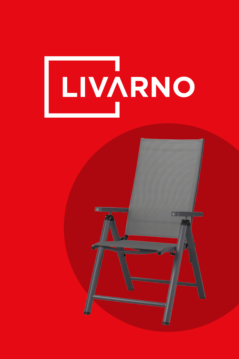 Pilka sulankstoma lauko kėdė ant raudono fono su baltu užrašu.