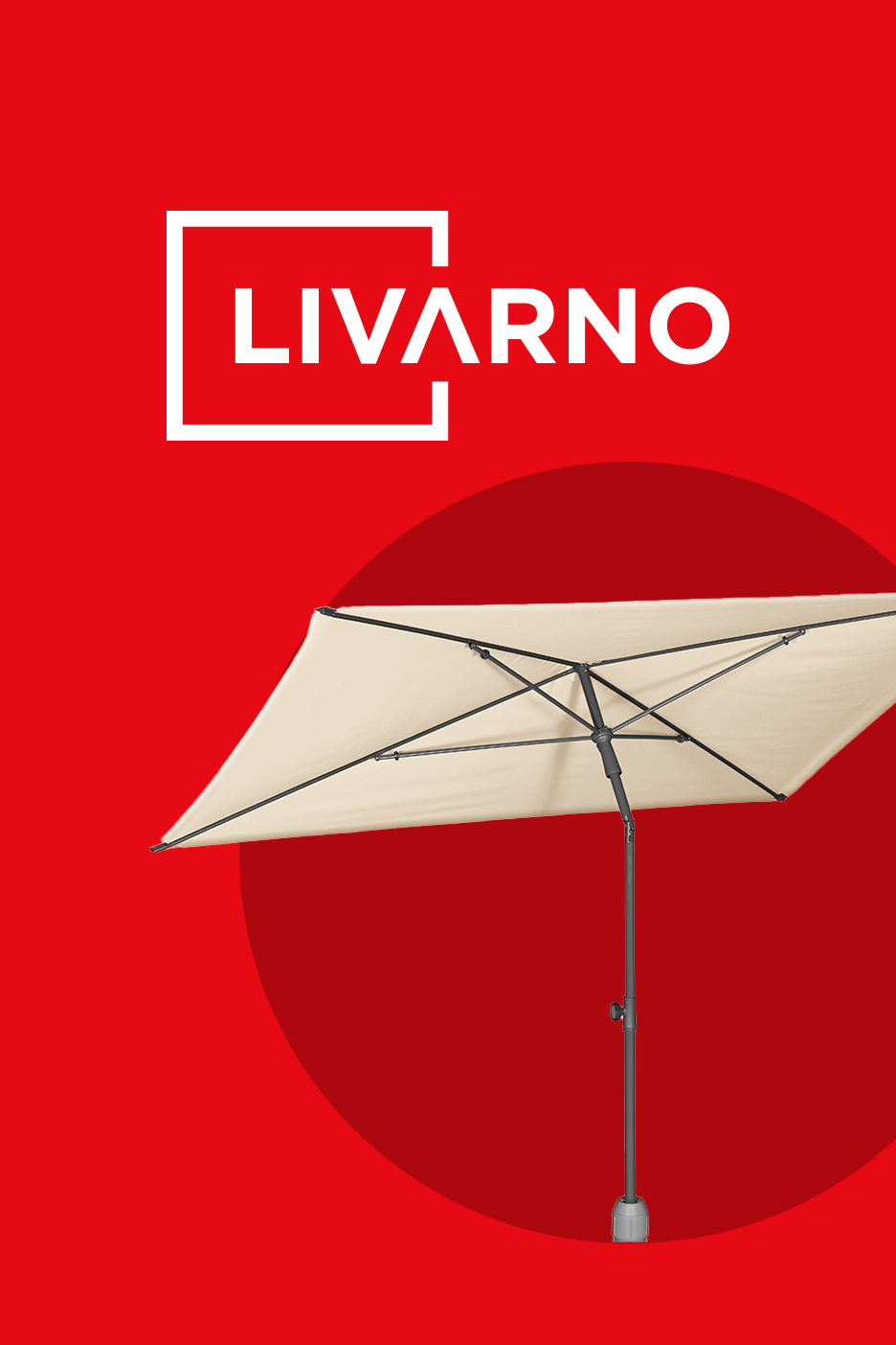 Smėlio spalvos sodo skėtis su raudonu fonu ir baltu užrašu „LIVARNO“.