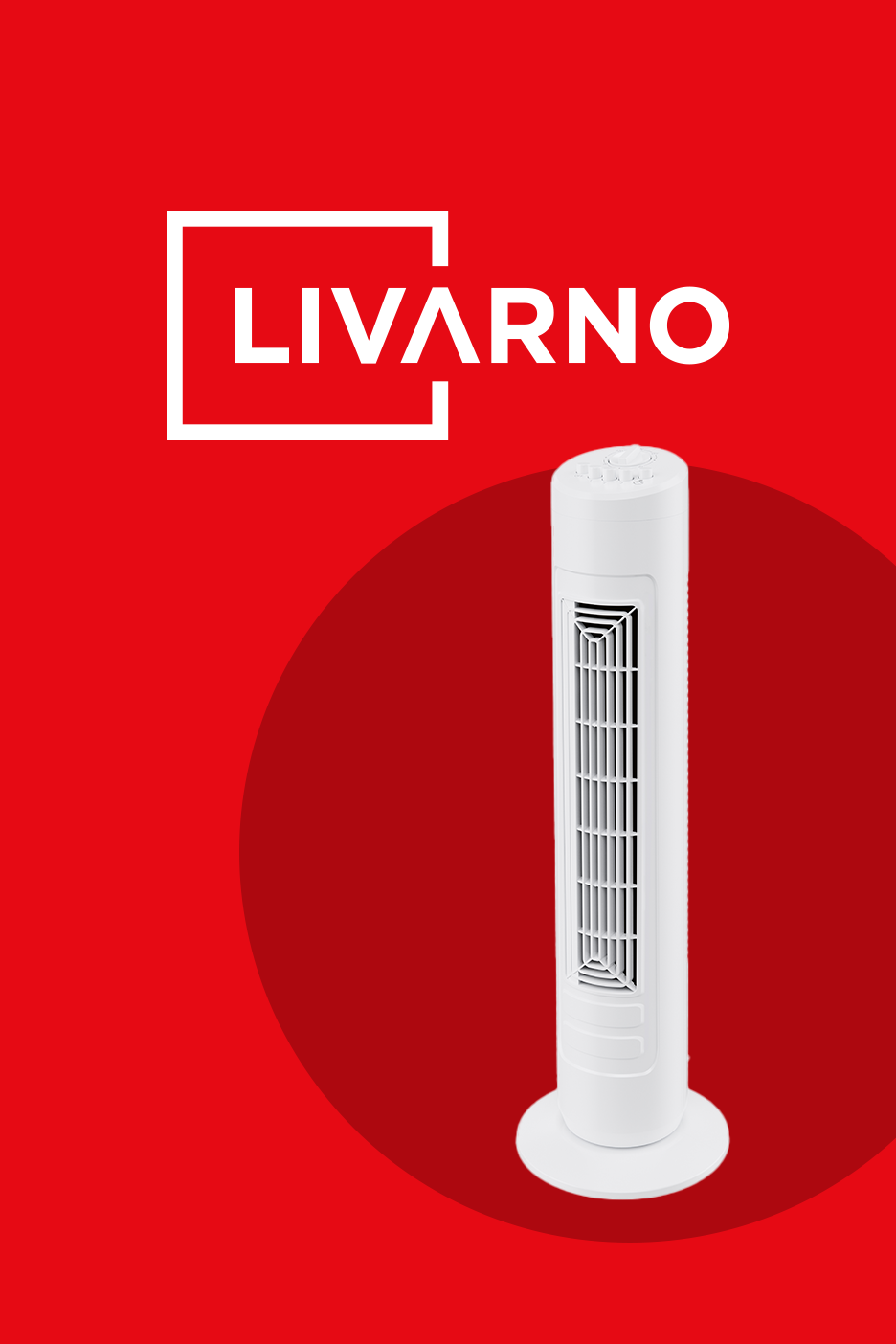 Baltas bokštinis ventiliatorius ant raudono fono su prekės ženklo logotipu.