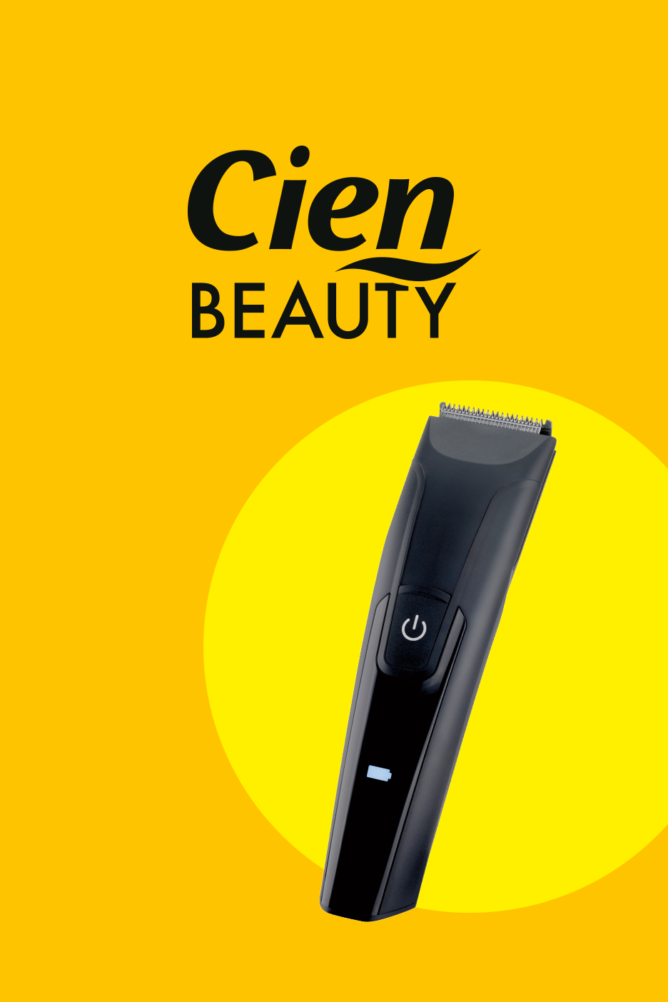 Juodas plaukų kirpimo aparatas su įjungimo mygtuku ir baterijos indikatoriumi geltoname fone.