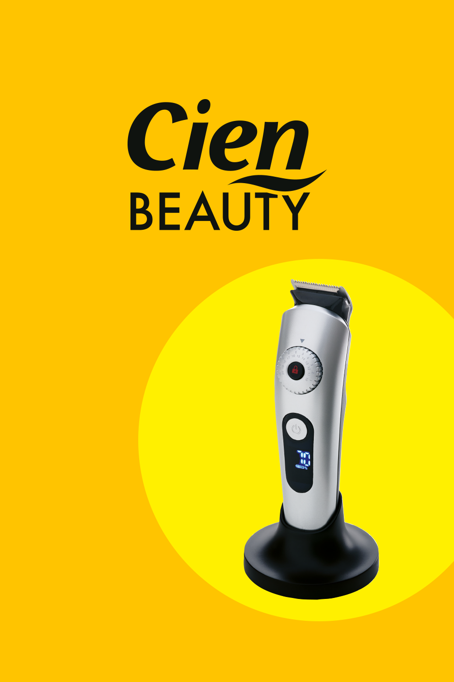 Plaukų kirpimo mašinėlė su įkrovimo stotele, geltoname fone su užrašu „BEAUTY“.