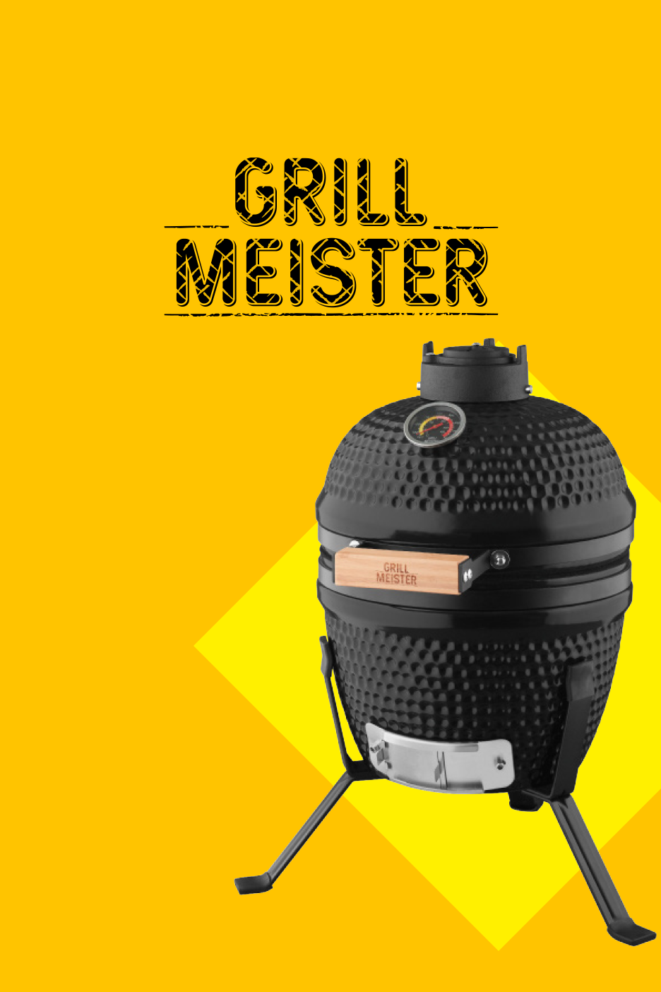 Juodas kepsninės grilis su termometru ir užrašu „Grill Meister“ ant geltono fono.
