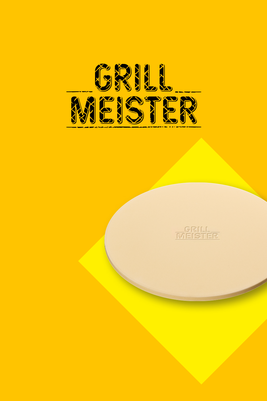 Apvali kepimo plokštė su užrašu „GRILL MEISTER“ ant geltono fono.