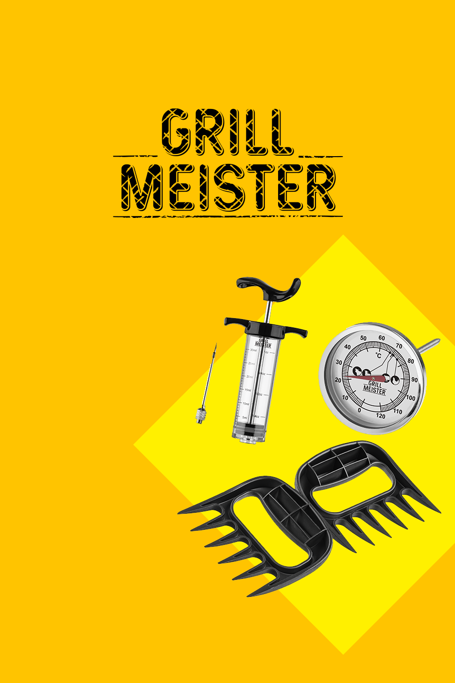 Grilio įrankių rinkinys su mėsos injektoriumi, termometru ir mėsos nagais, ant geltono fono su užrašu „GRILL MEISTER“.
