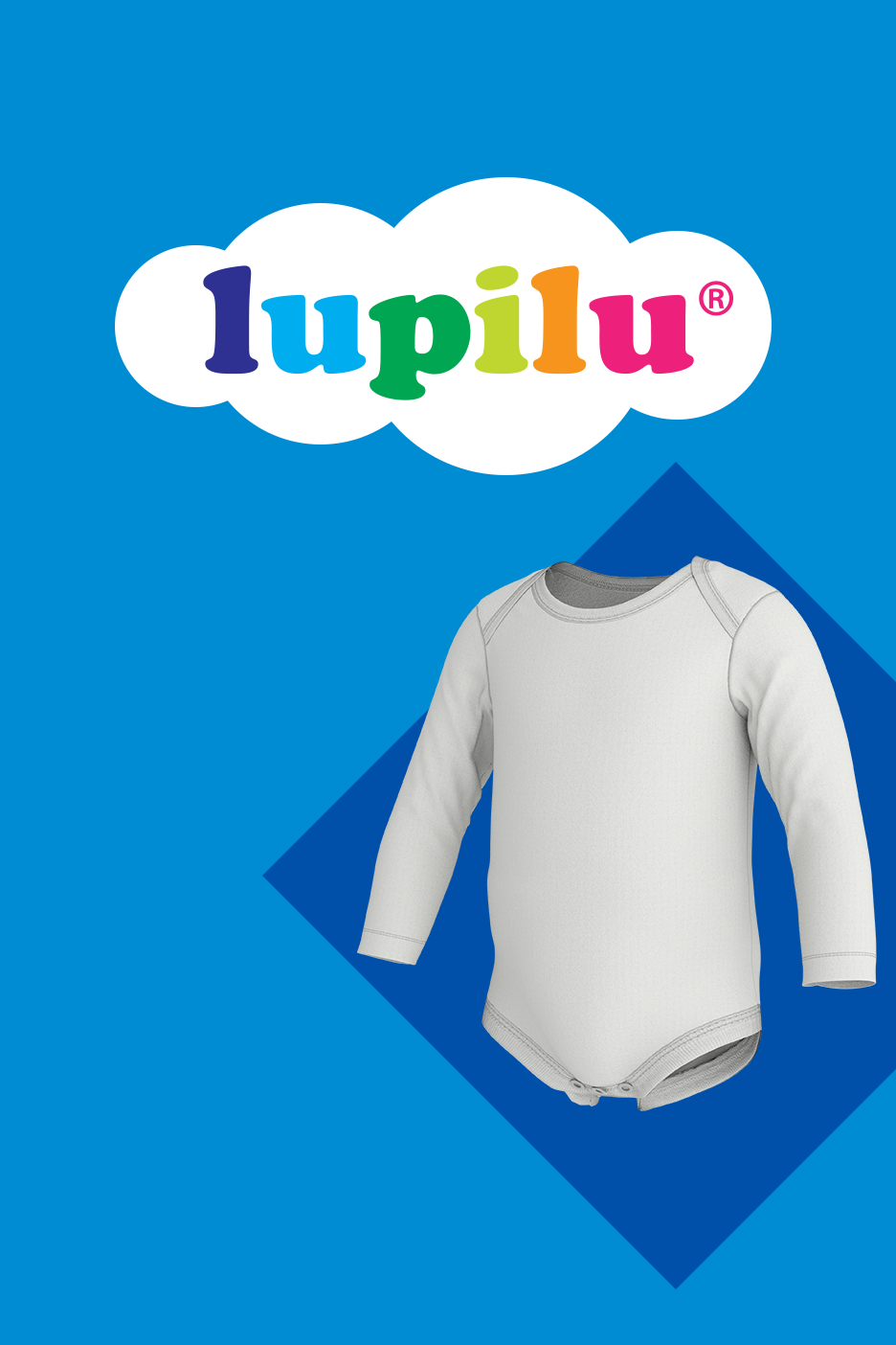 Kūdikių drabužėliai: baltas ilgomis rankovėmis smėlinukas su spalvingu debesies logotipu.