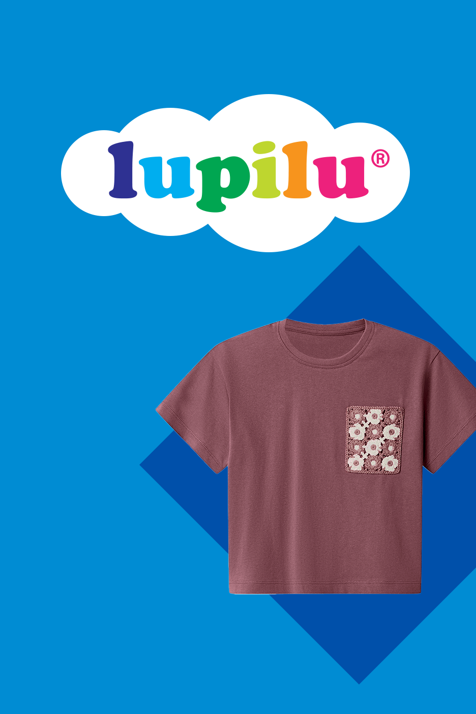 Rudi marškinėliai su gėlėta kišene, viršuje – spalvingas logotipas debesyje.