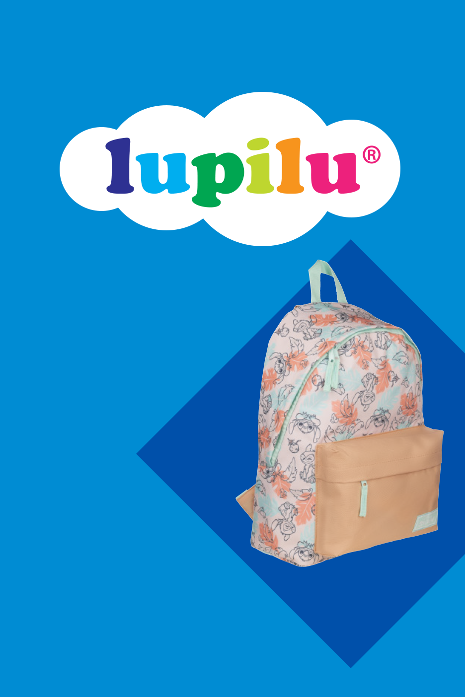 Kuprinė su animacinių filmukų personažų ir lapų raštais, su „lupilu“ logotipu debesies fone.
