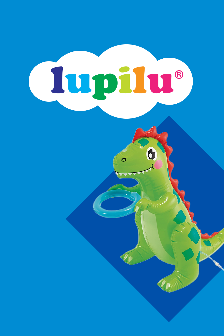 Pripučiamas žalias dinozauras su žiedu, skirtas žaisti vandenyje, mėlyname fone.