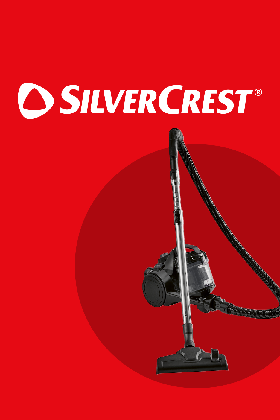 Raudoname fone pavaizduotas juodas dulkių siurblys su sidabriniu teleskopiniu vamzdžiu.