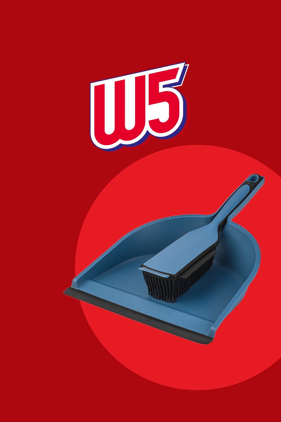 Mėlynas semtuvėlis ir šepetys raudoname fone su baltu logotipu.