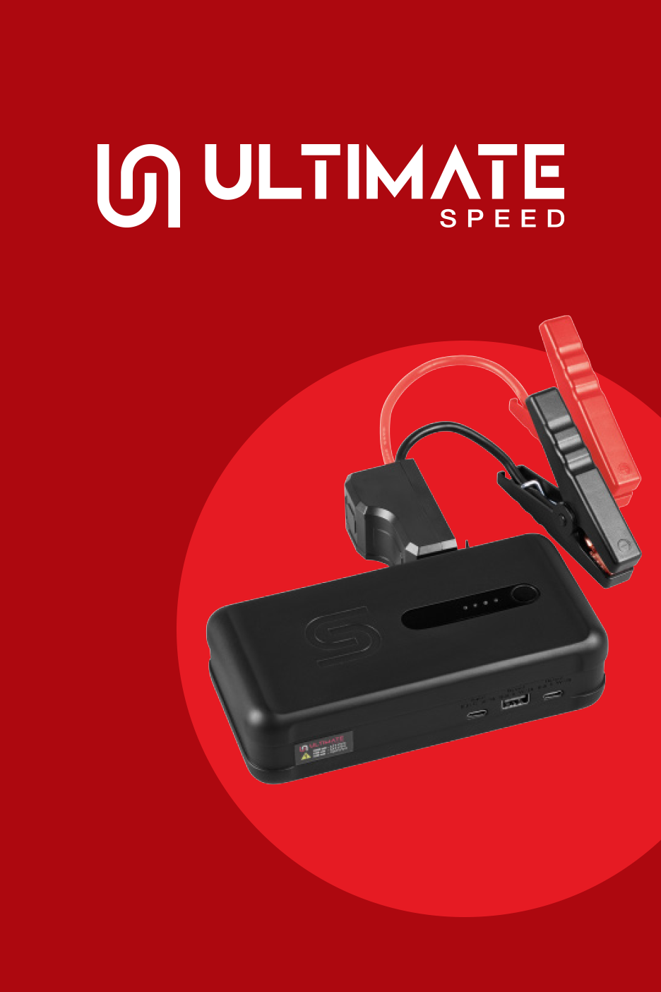 Ultimate Speed automobilio užvedimo įrenginys su gnybtais raudoname fone