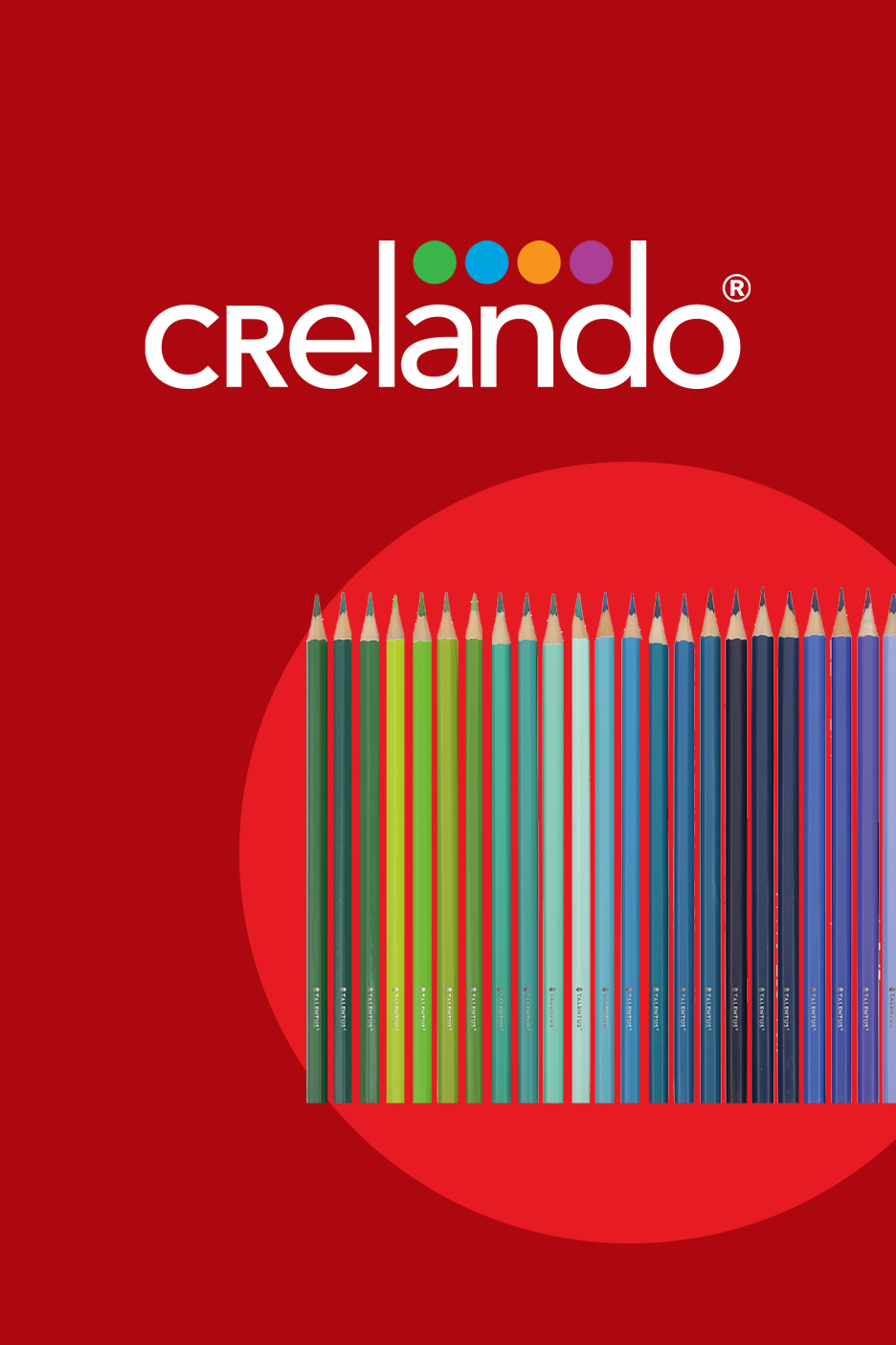 Spalvoti pieštukai su prekės ženklo logotipu raudoname fone.