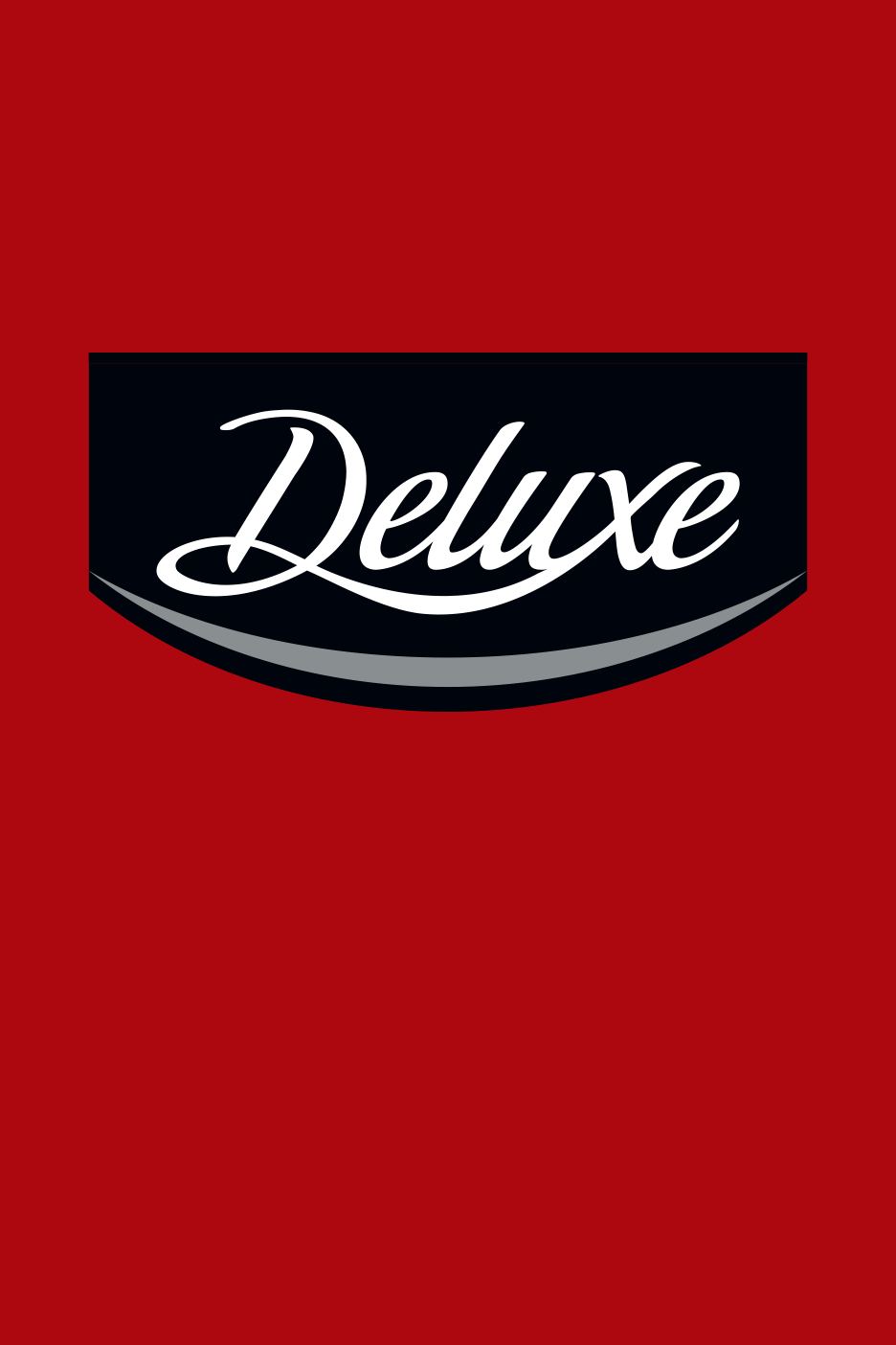 Prabangaus stiliaus logotipas su užrašu 'Deluxe' tamsiame fone raudoname fone.