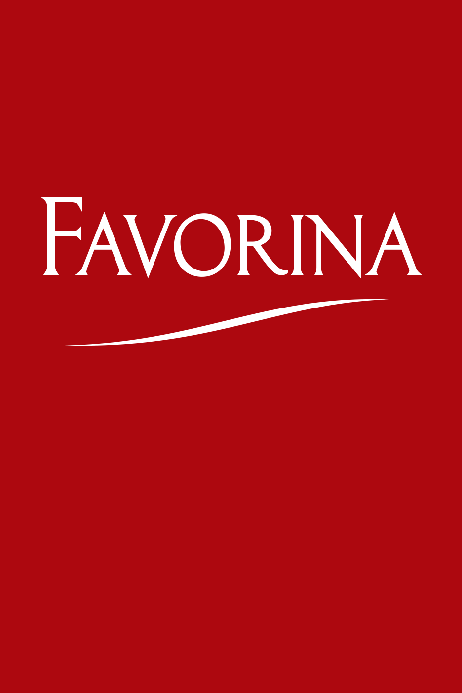 Baltas užrašas Favorina raudoname fone su banguota linija apačioje.