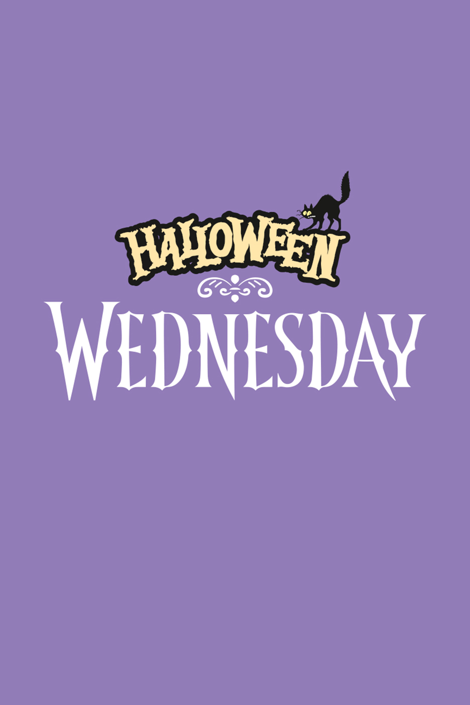 Violetinis plakatas su užrašu „Halloween Wednesday“ ir juoda kate.