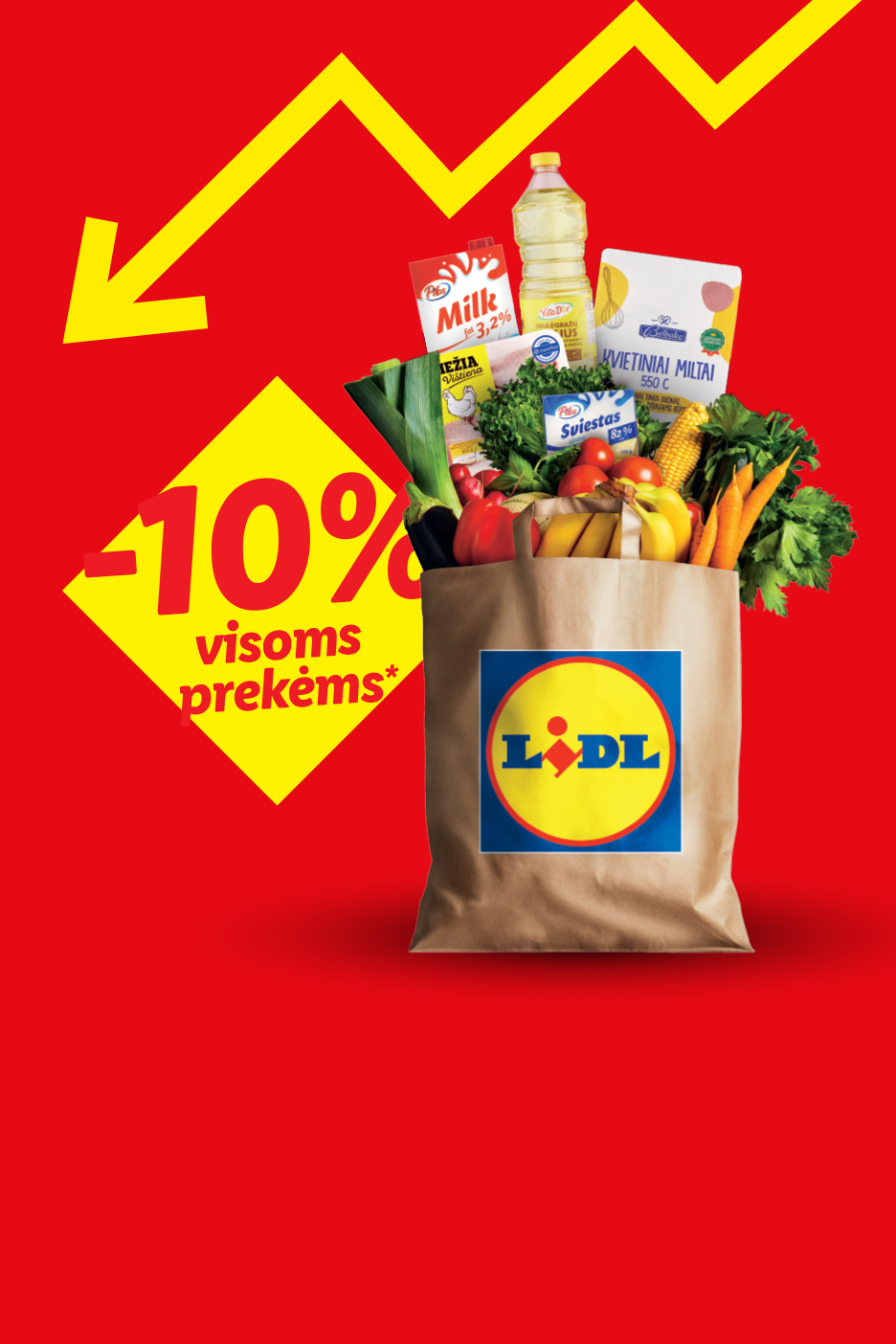 Pirkinių krepšys su maisto produktais ir -10% nuolaida visoms prekėms.