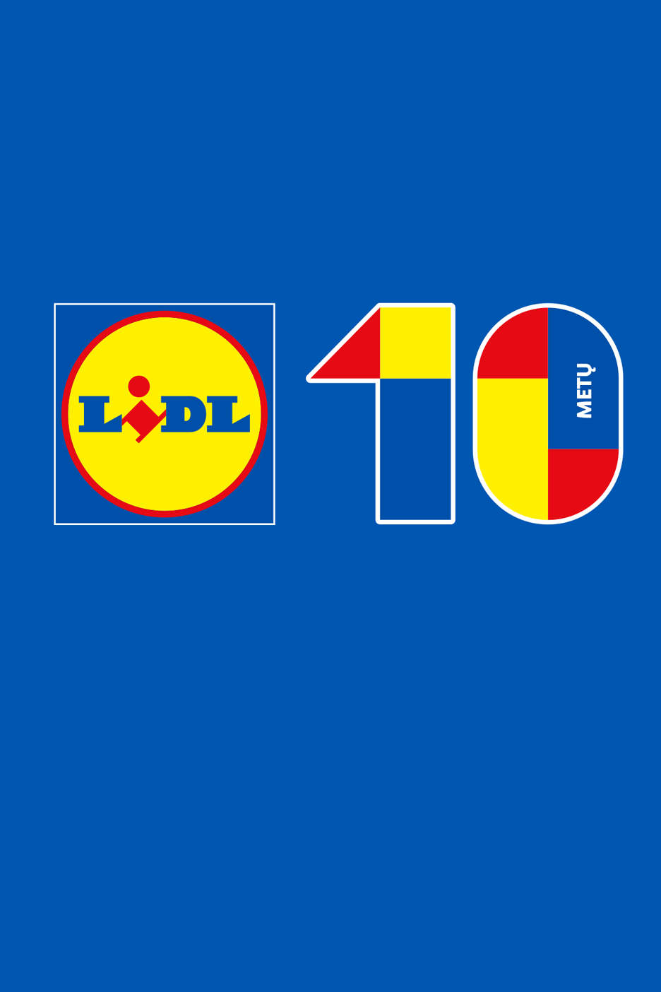 Lidl logotipas ir stilizuotas skaičius 10 su užrašu „METŲ“ mėlyname fone.