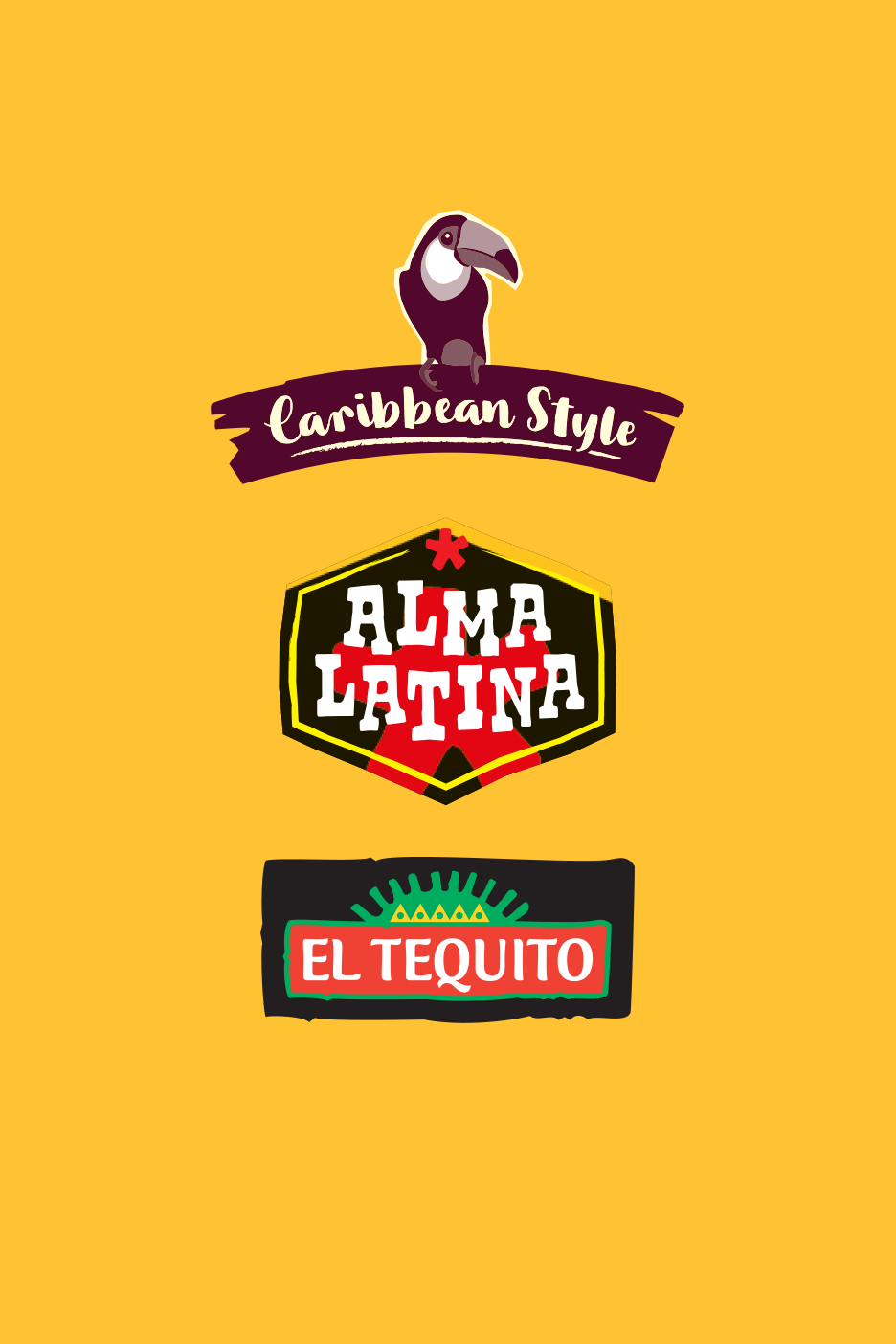 Tukanas virš užrašo „Caribbean Style“, „Alma Latina“ logotipas ir „El Tequito“ logotipas.