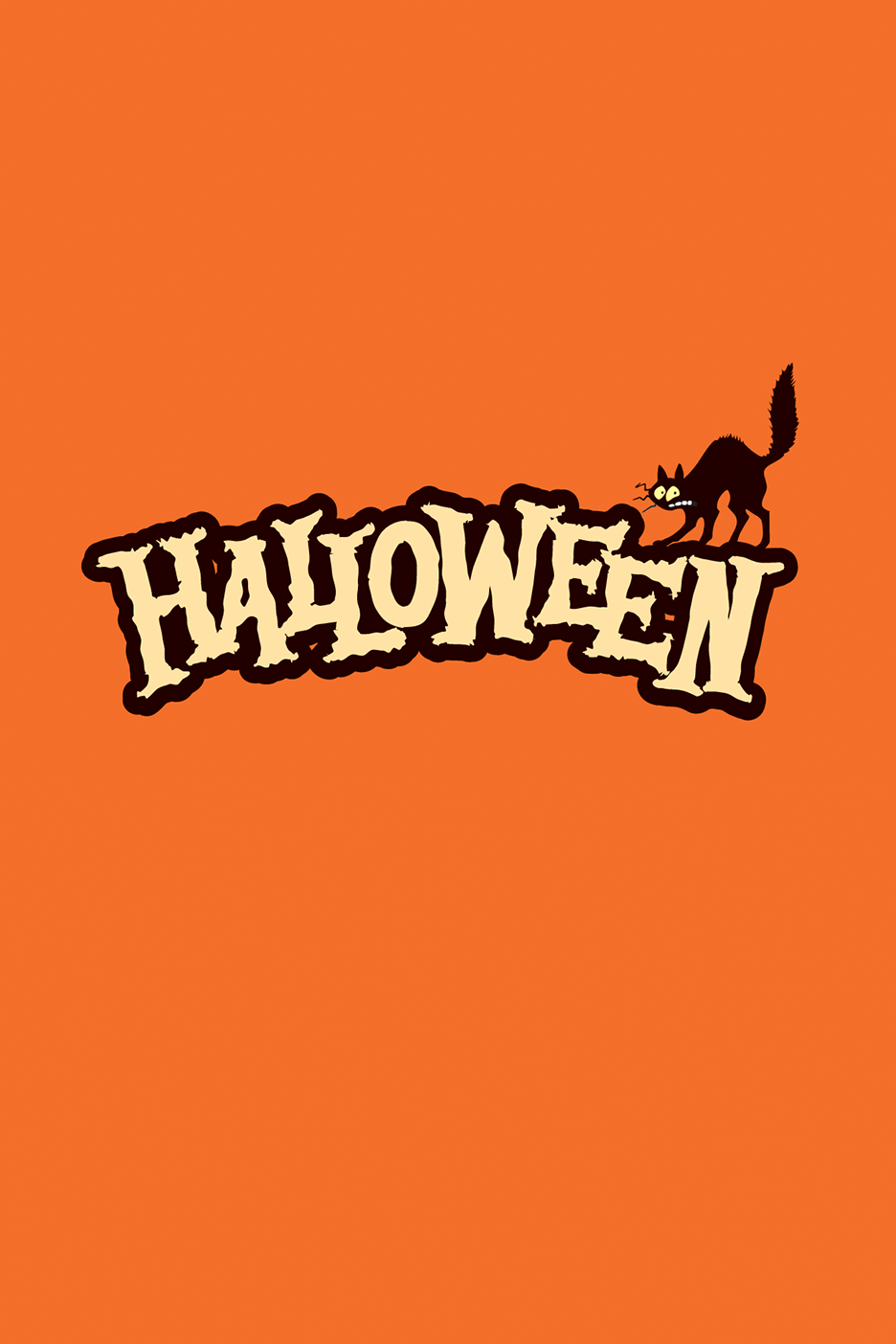 Oranžinis fonas su užrašu 'Halloween' ir išsigandusios juodos katės iliustracija.