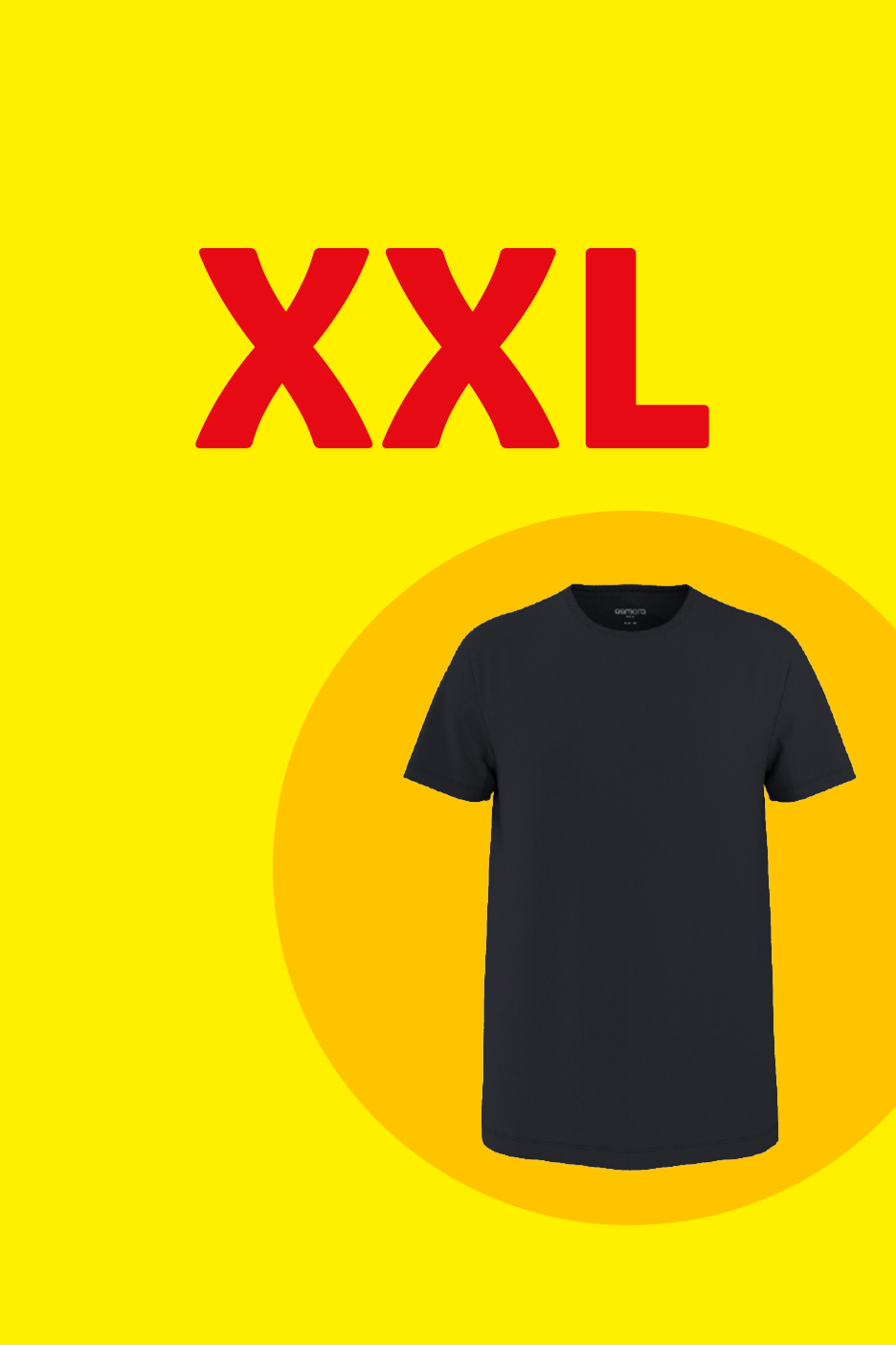 Juodi marškinėliai su užrašu „XXL“ geltoname fone.