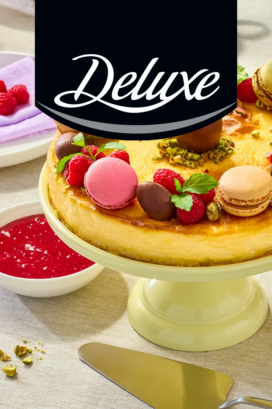 Sūrio pyragas su avietėmis, makaronais ir pistacijomis, patiekiamas su aviečių padažu. Ant viršaus užrašas „Deluxe“.