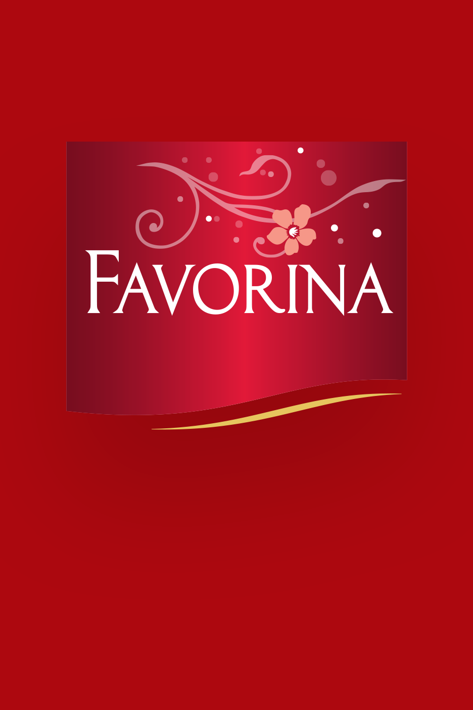 Raudonas Favorina logotipas su gėlėmis ir auksinėmis juostelėmis.