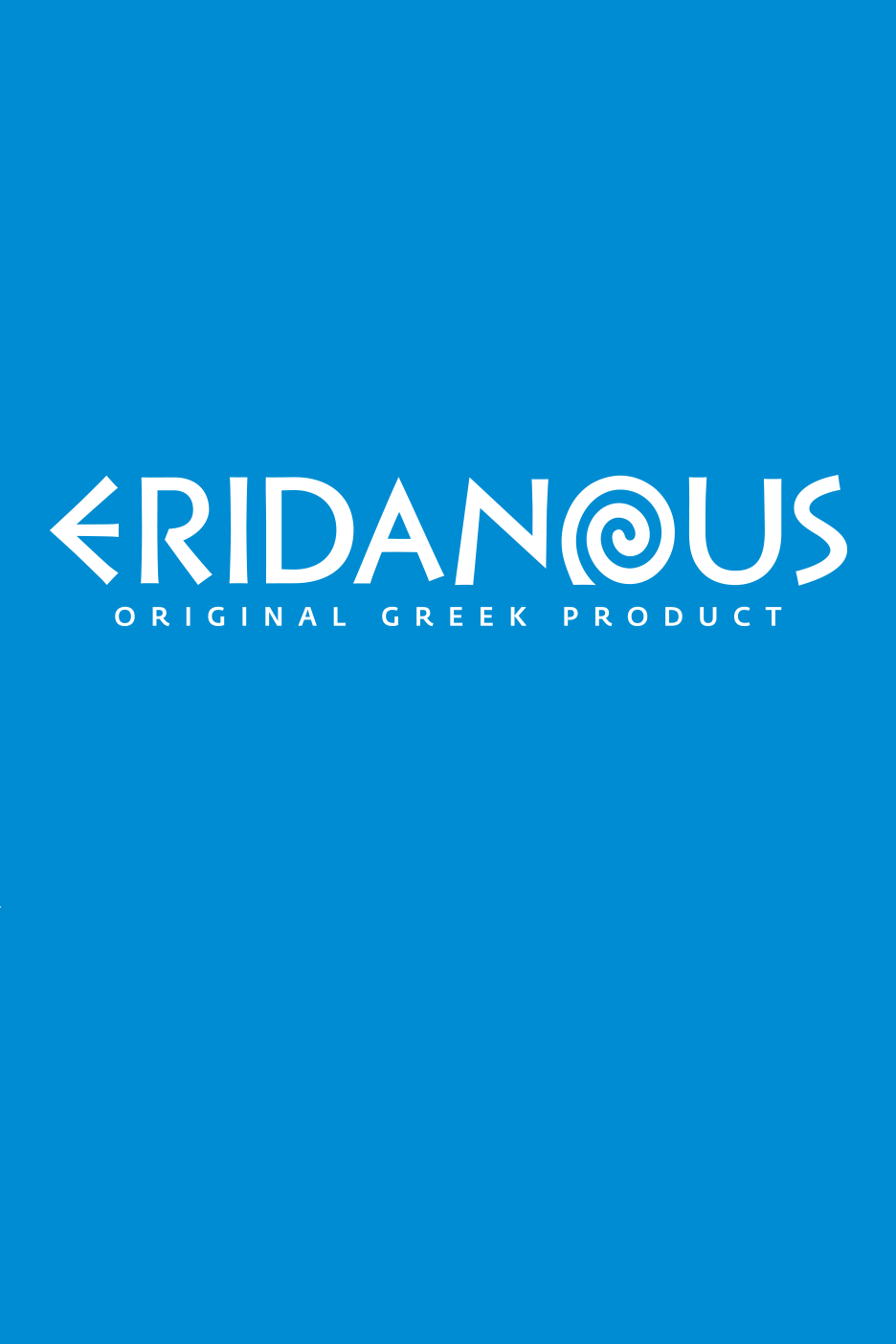 Eridanous prekės ženklo logotipas su užrašu 'Original Greek Product' mėlyname fone.