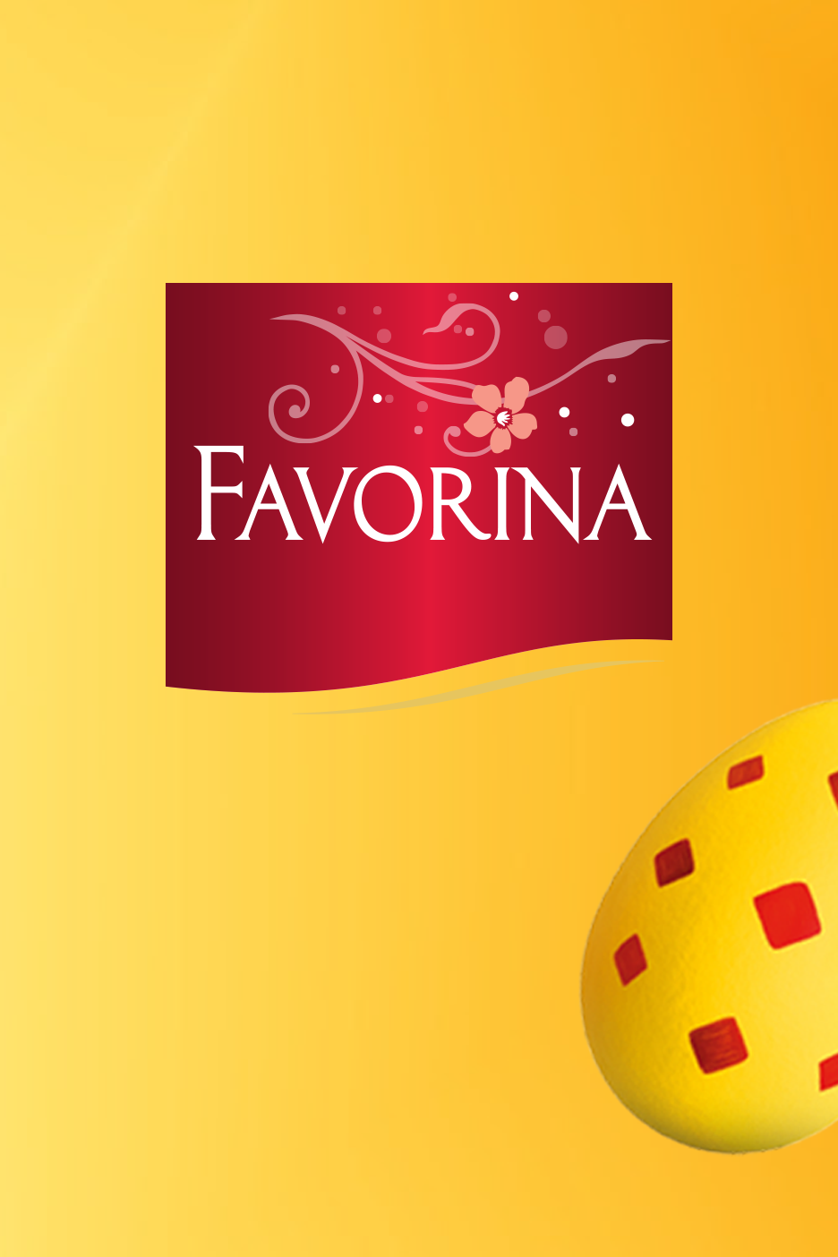 Raudonas logotipas su gėlėmis ir užrašu „FAVORINA“ ant geltono fono su margu kiaušiniu.