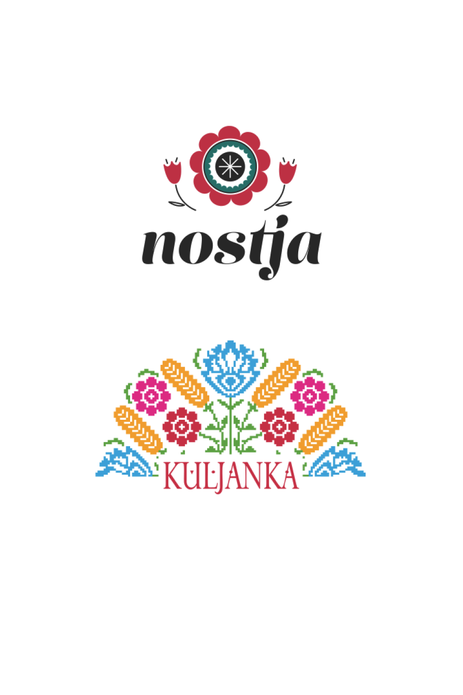 Du logotipai su stilizuotomis gėlėmis ir augalais, vienas su žodžiu „nostja“, kitas su „kuljanka“.