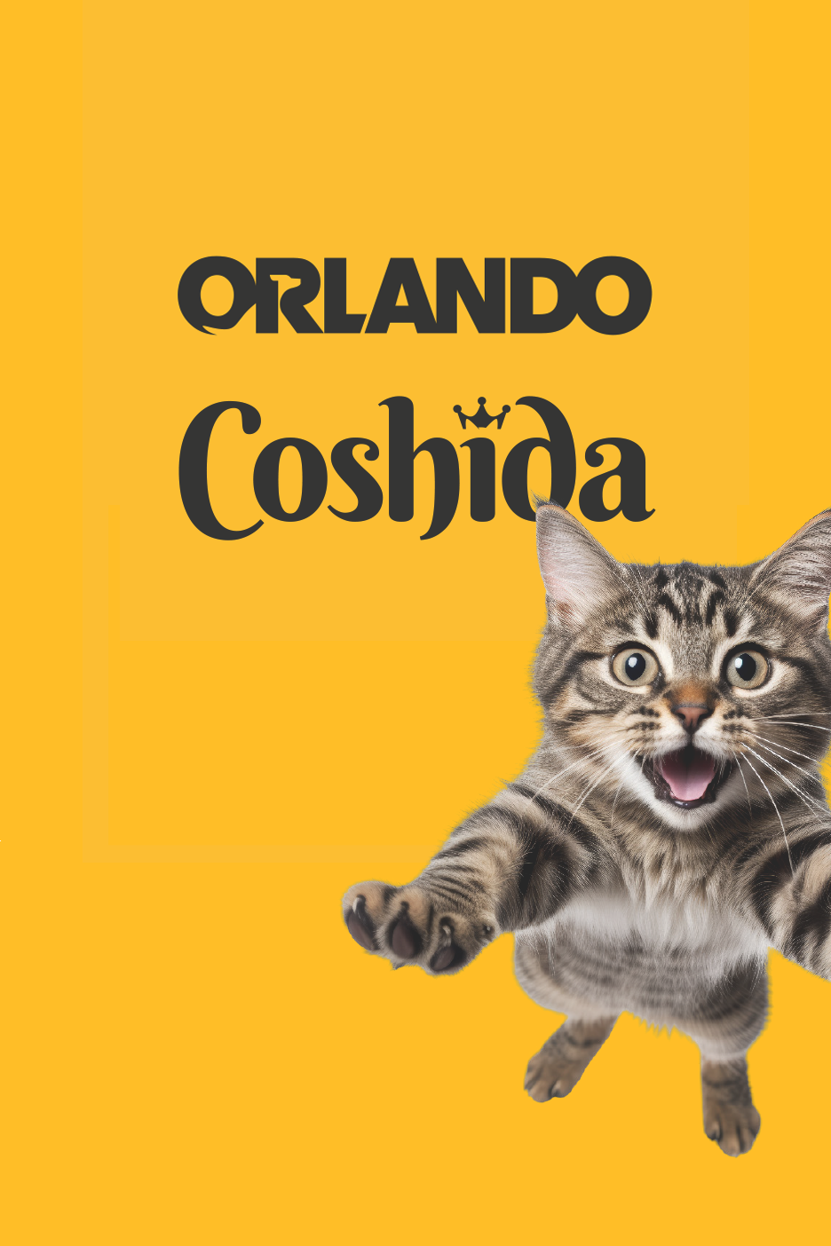 Žaismingas kačiukas su užrašu „Orlando Coshida“ geltoname fone.