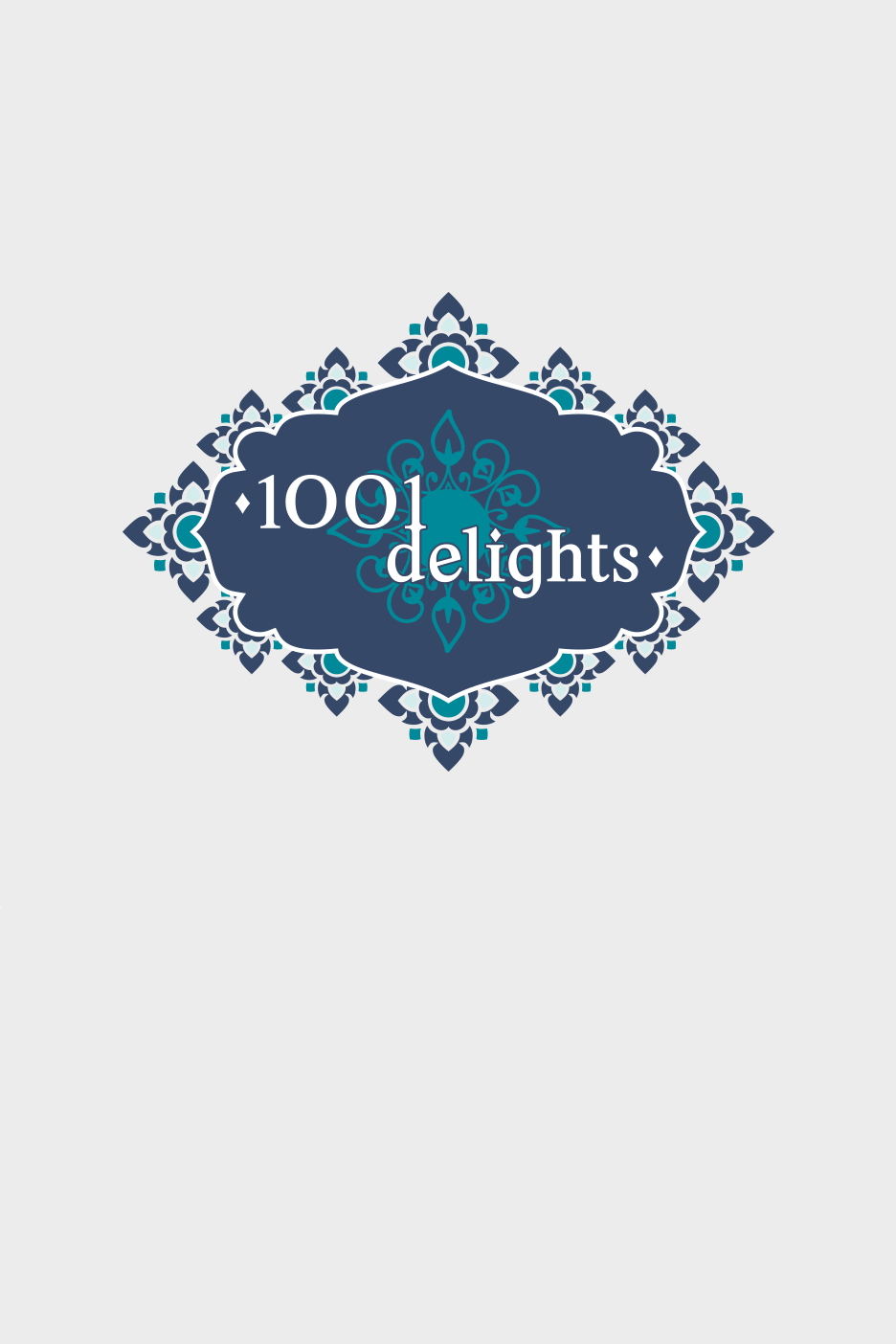 Dekoratyvinis rėmelis su užrašu „1001 delights“ ir rytietiškais raštais.