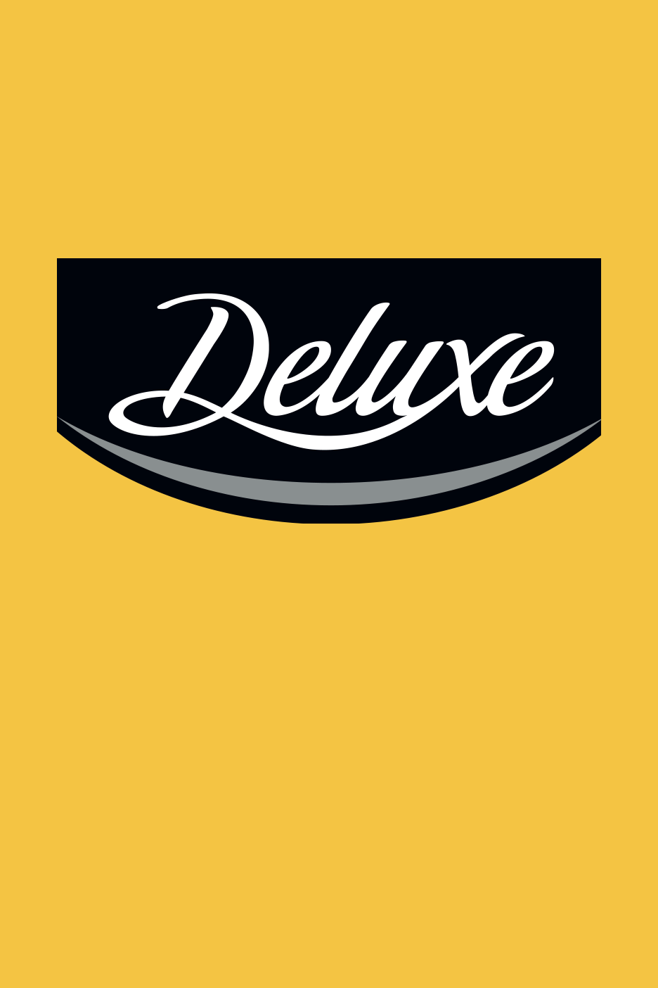Juodas stačiakampis su baltu „Deluxe“ logotipu ir pilka juosta ant geltono fono.